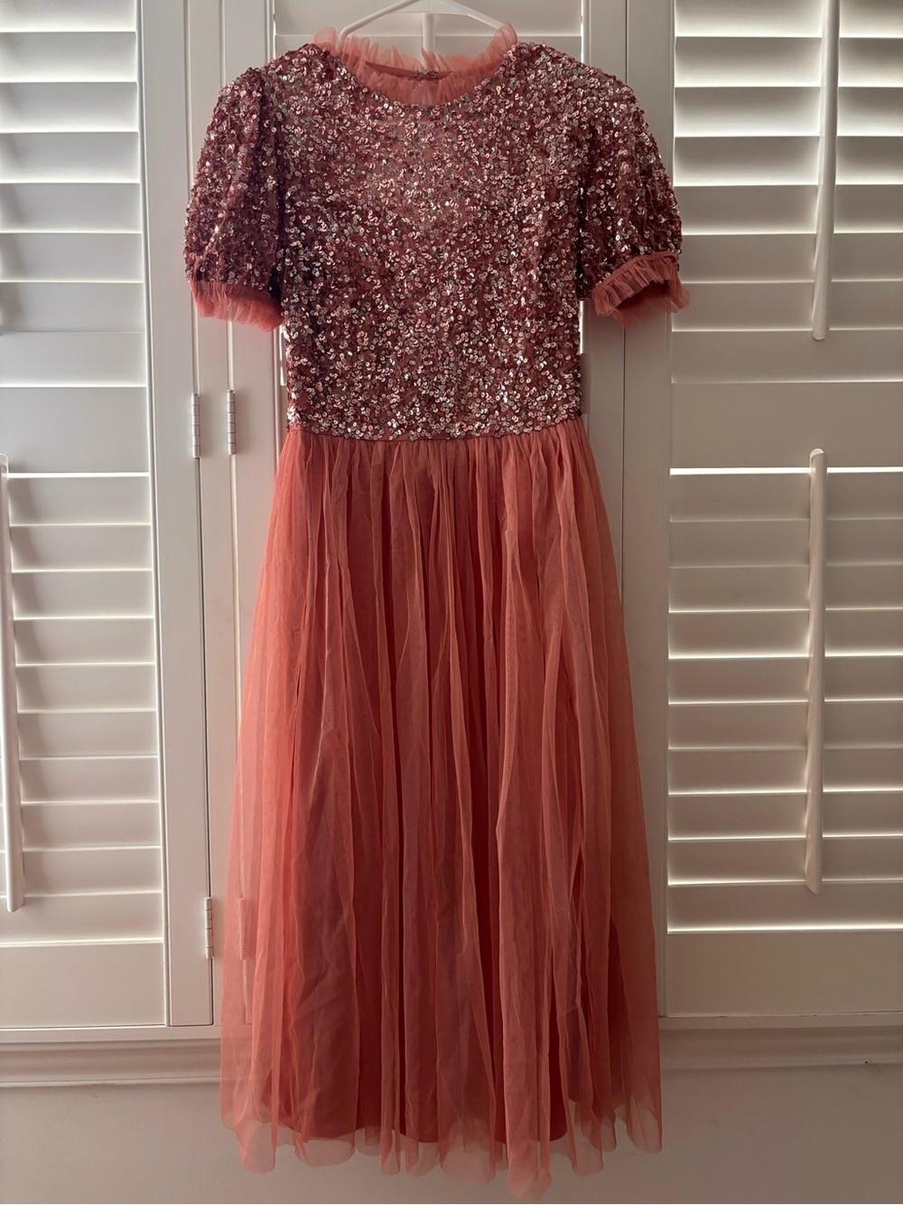 Sequin Bodice Tulle Midi Dress in Dusty Rose